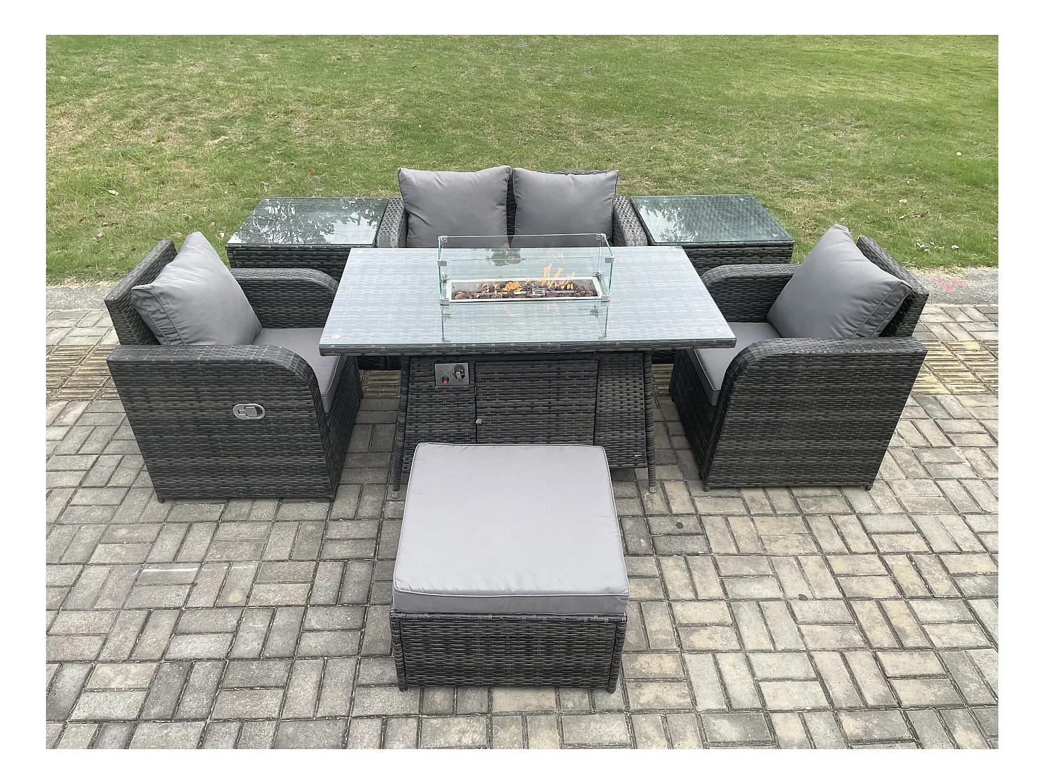 5-Sitzer Gartengarnitur Polyrattan mit Gas Feuertisch