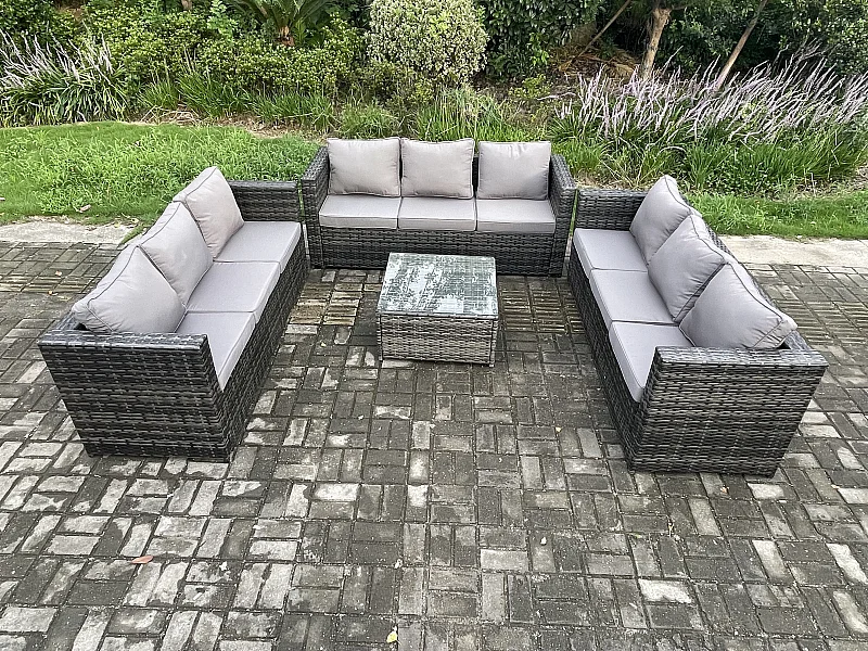 Rattan Gartenmöbel Set mit Gartensofa 9-Sitzer Dunkelgrau