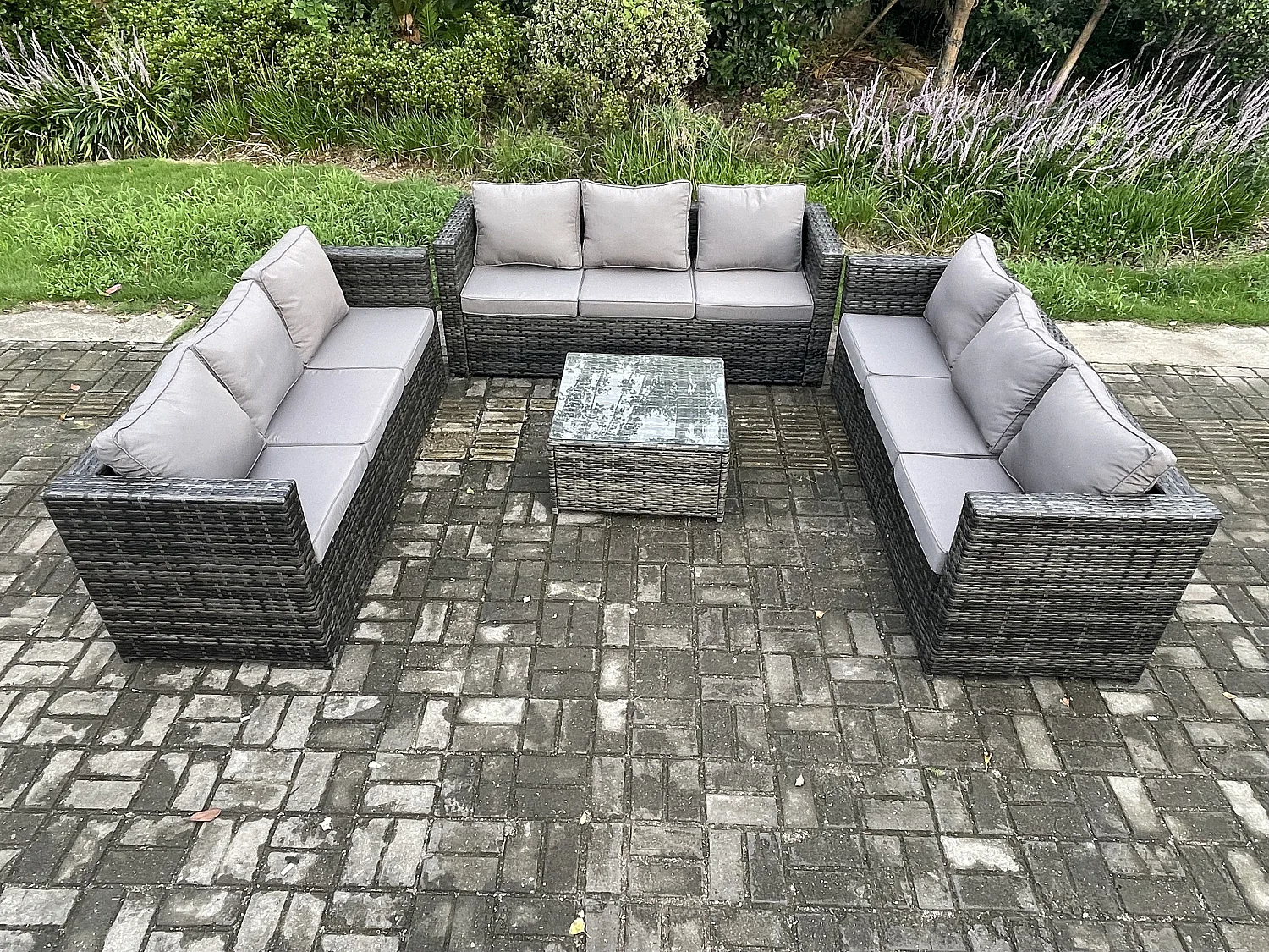 Rattan Gartenmöbel Set mit Gartensofa 9-Sitzer Dunkelgrau