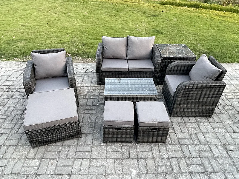 7-Sitzer Rattan Gartenmöbel Set mit Gartensofa Dunkelgrau