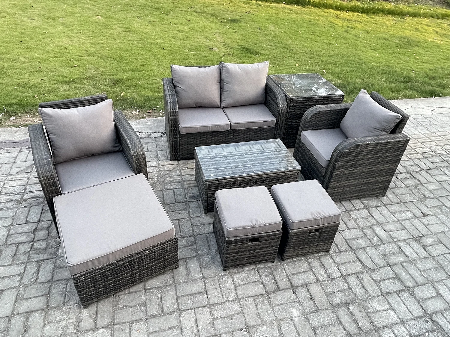 7-Sitzer Rattan Gartenmöbel Set mit Gartensofa Dunkelgrau
