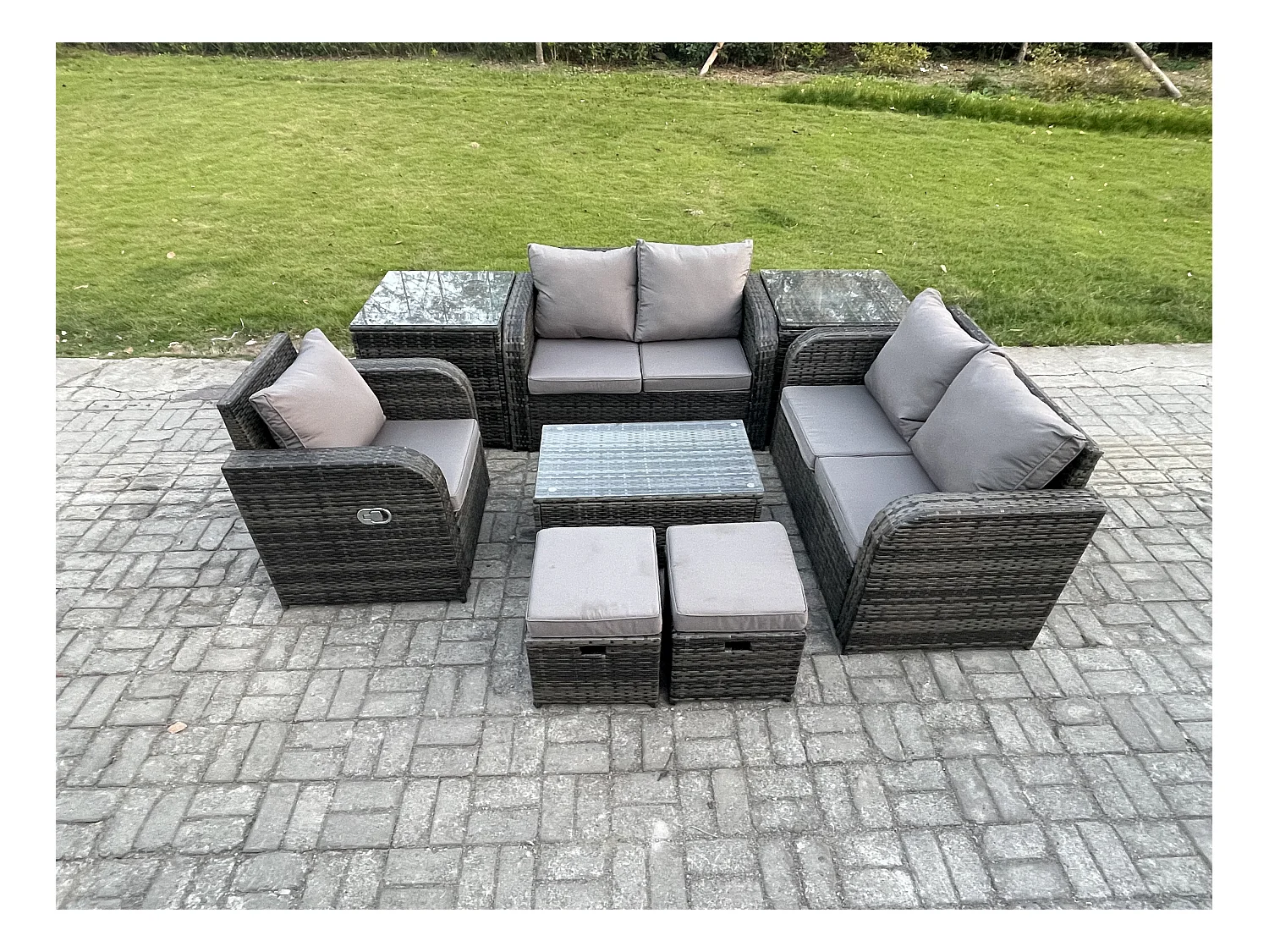 Gartenmöbel Set Sitzgruppe Terrasse Polyrattan 7-Sitzer Dunkelgrau