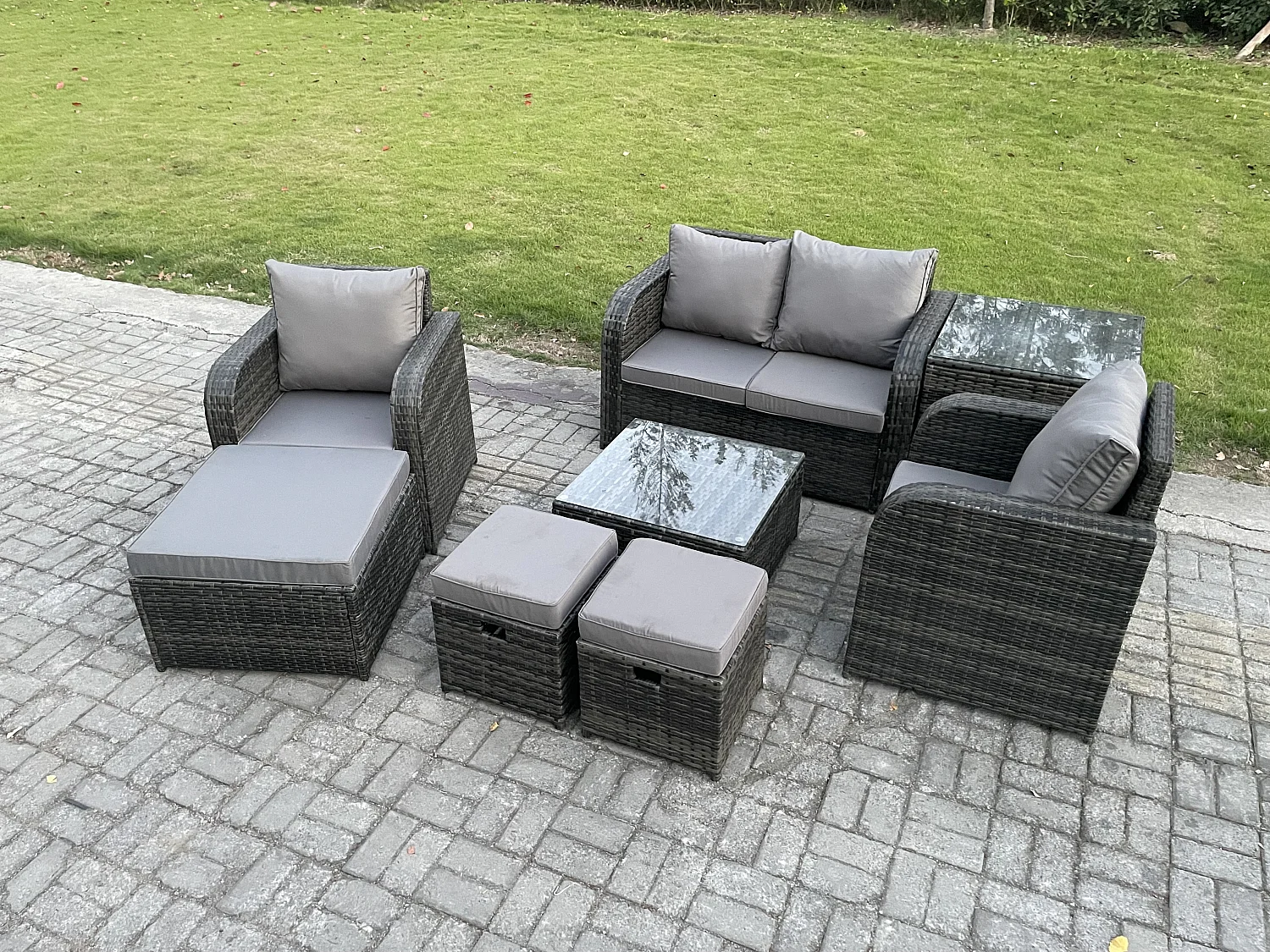 Polyrattan Gartenmöbel Set Sitzgruppe Terrasse 7-Sitzer Dunkelgrau