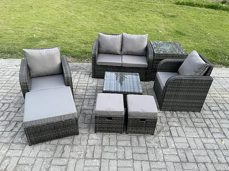 Polyrattan Gartenmöbel Set Sitzgruppe Terrasse 7-Sitzer Dunkelgrau