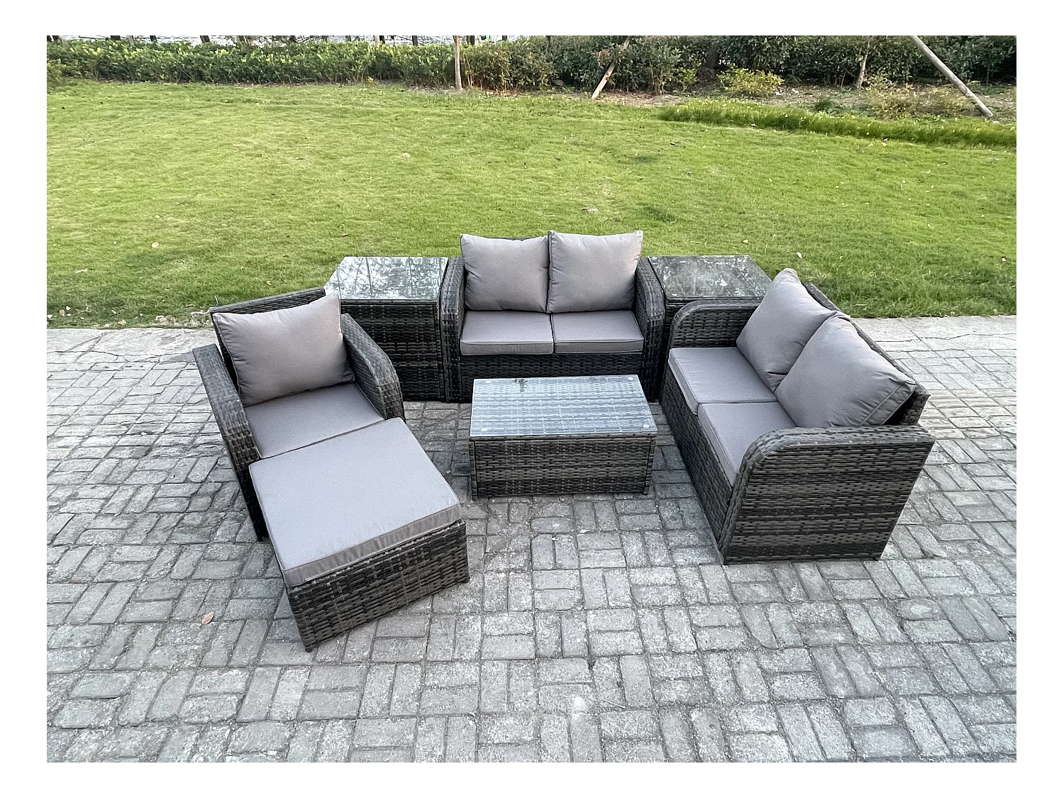 Gartenmöbel 7er-Set Sitzgruppe Terrasse Polyrattan Dunkelgrau