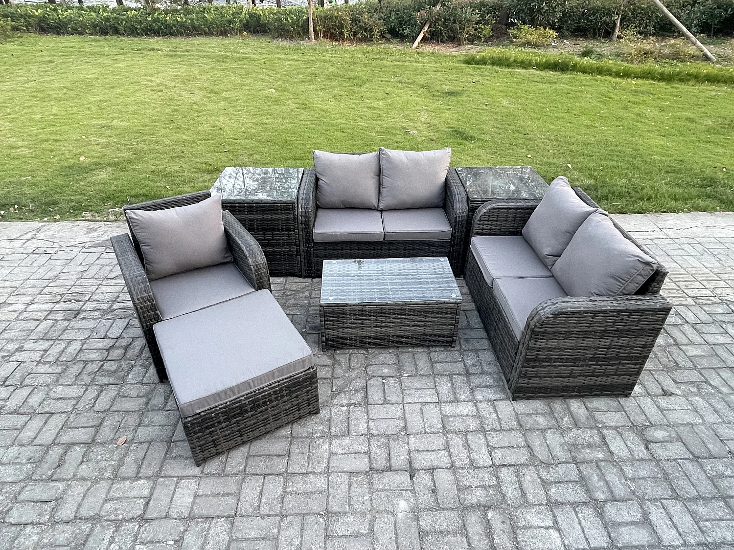 Gartenmöbel 7er-Set Sitzgruppe Terrasse Polyrattan Dunkelgrau