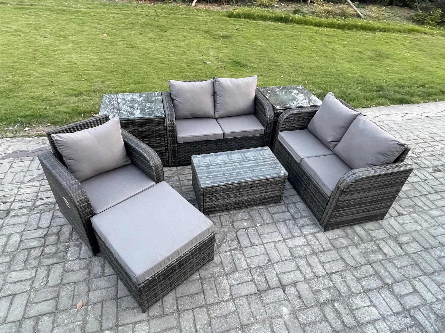 Gartenmöbel 7er-Set Sitzgruppe Terrasse Polyrattan Dunkelgrau