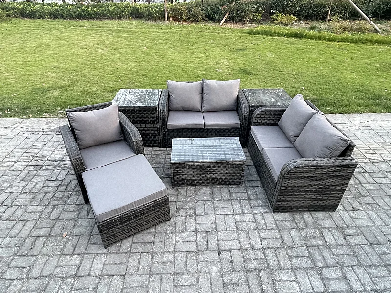 Gartenmöbel 7er-Set Sitzgruppe Terrasse Polyrattan Dunkelgrau