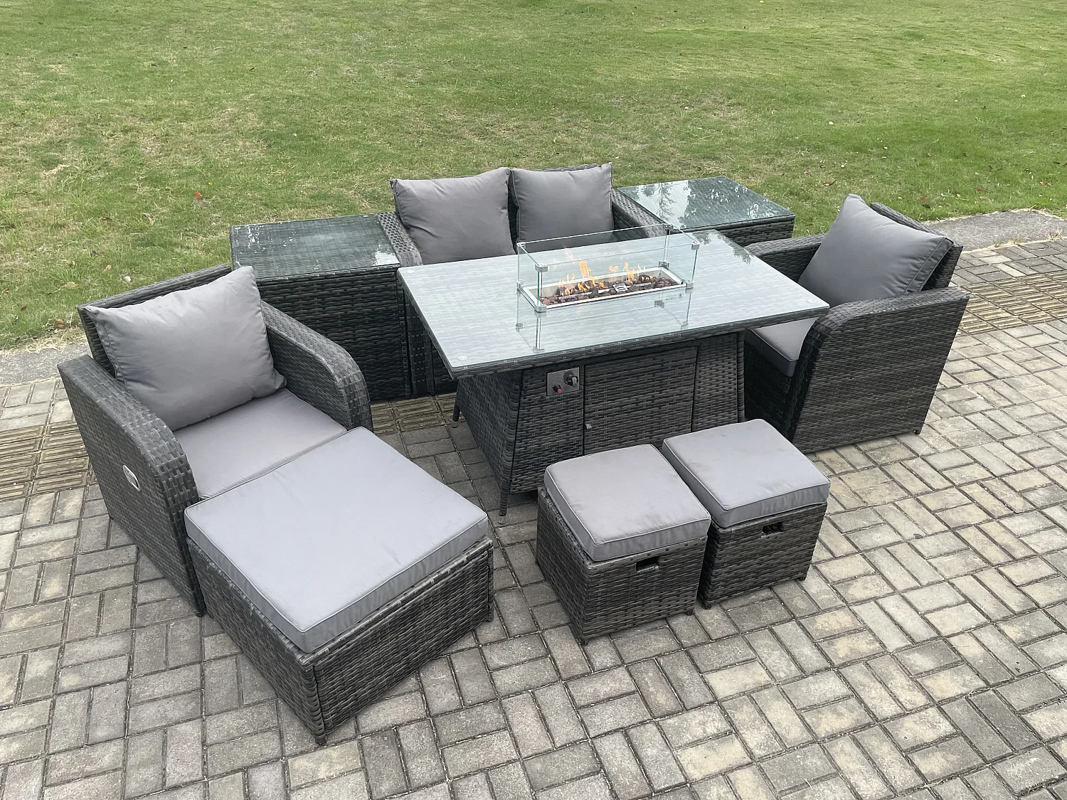 7-Sitzer Gartengarnitur Polyrattan mit Gas Feuertisch Dunkelgrau