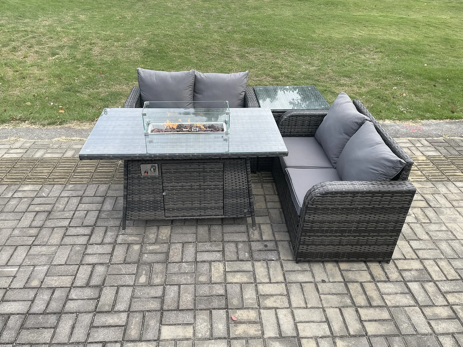 Gartengarnitur Polyrattan mit Gas Feuerstelle 4-Sitzer Dunkelgrau