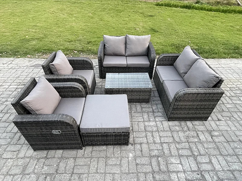 7-Sitzer Rattan Gartenmöbel Set mit Tish Sofa Dunkelgrau