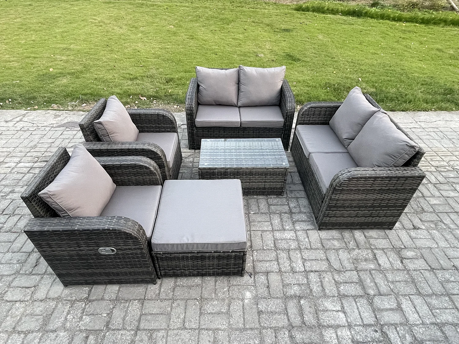 7-Sitzer Rattan Gartenmöbel Set mit Tish Sofa Dunkelgrau
