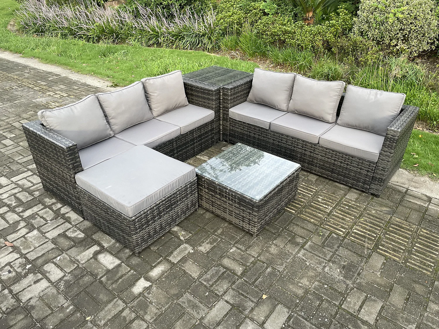 7-Sitzer Polyrattan Gartenmöbelset im Freien mit Couchtisch Dunkelgrau