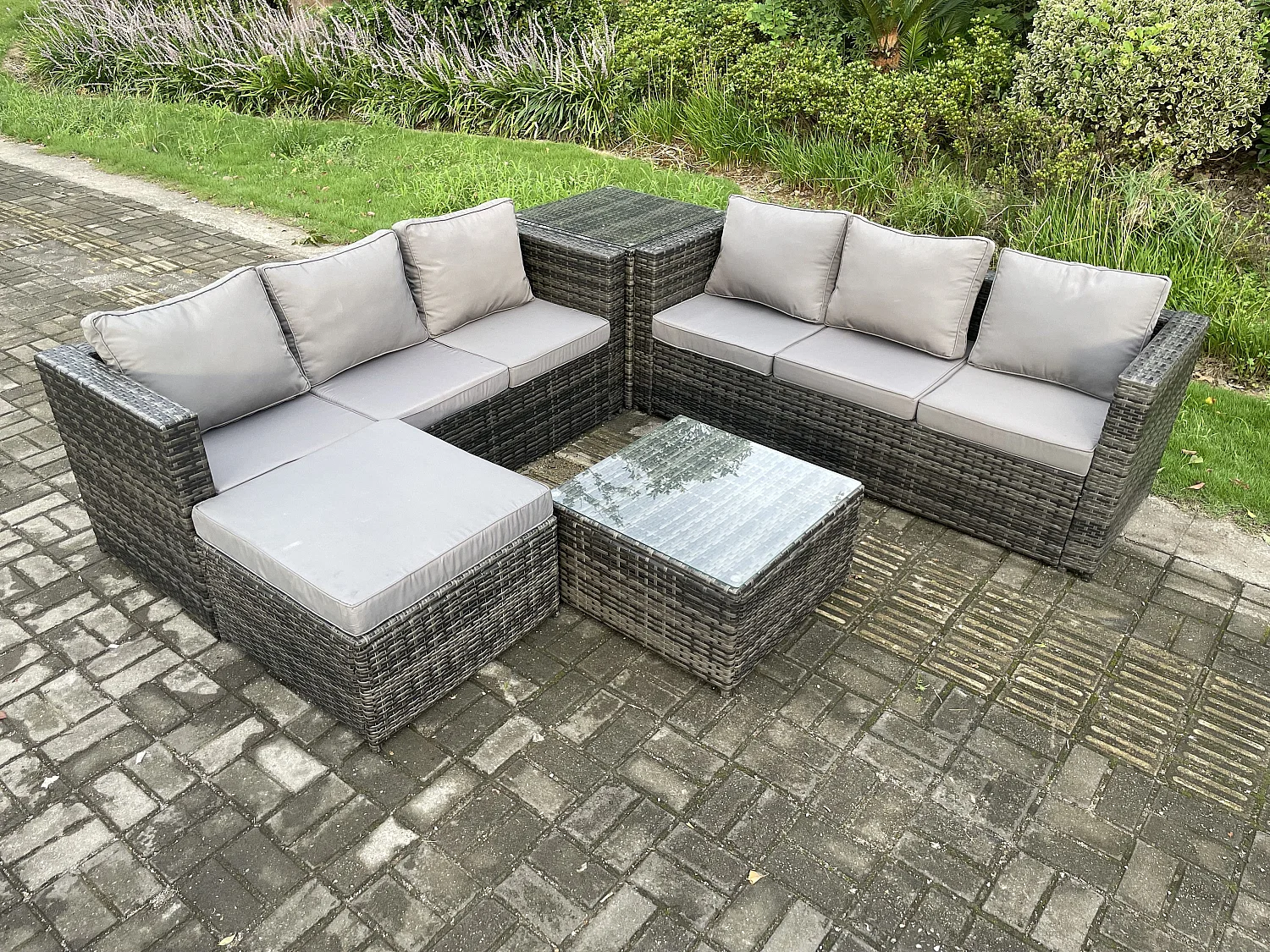 7-Sitzer Polyrattan Gartenmöbelset im Freien mit Couchtisch Dunkelgrau