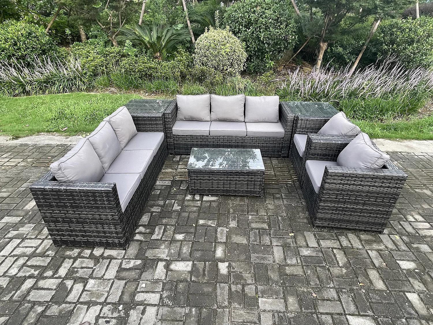 Fimous Wicker PE Rattan Sofa Set Outdoor Patio Garden Furniture with 2 Armchairs Oblong Coffee Table 2 Side Tables Dark Grey Mixed