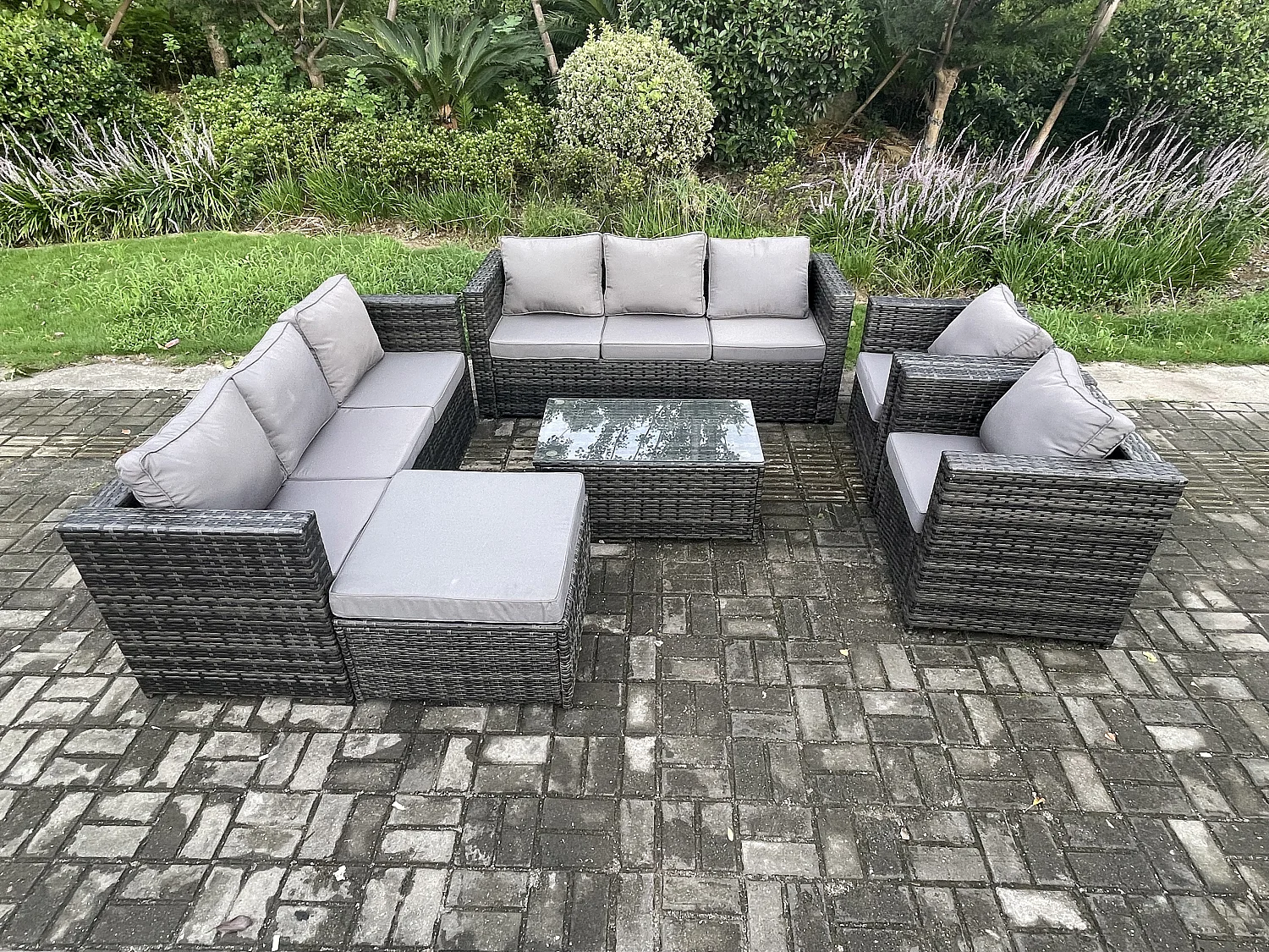Fimous Outdoor Lounge Sofa Set Wicker PE Rattan Garden Furniture Set with 2 Armchair Oblong Coffee Table Big Footstool Dark Grey Mixed