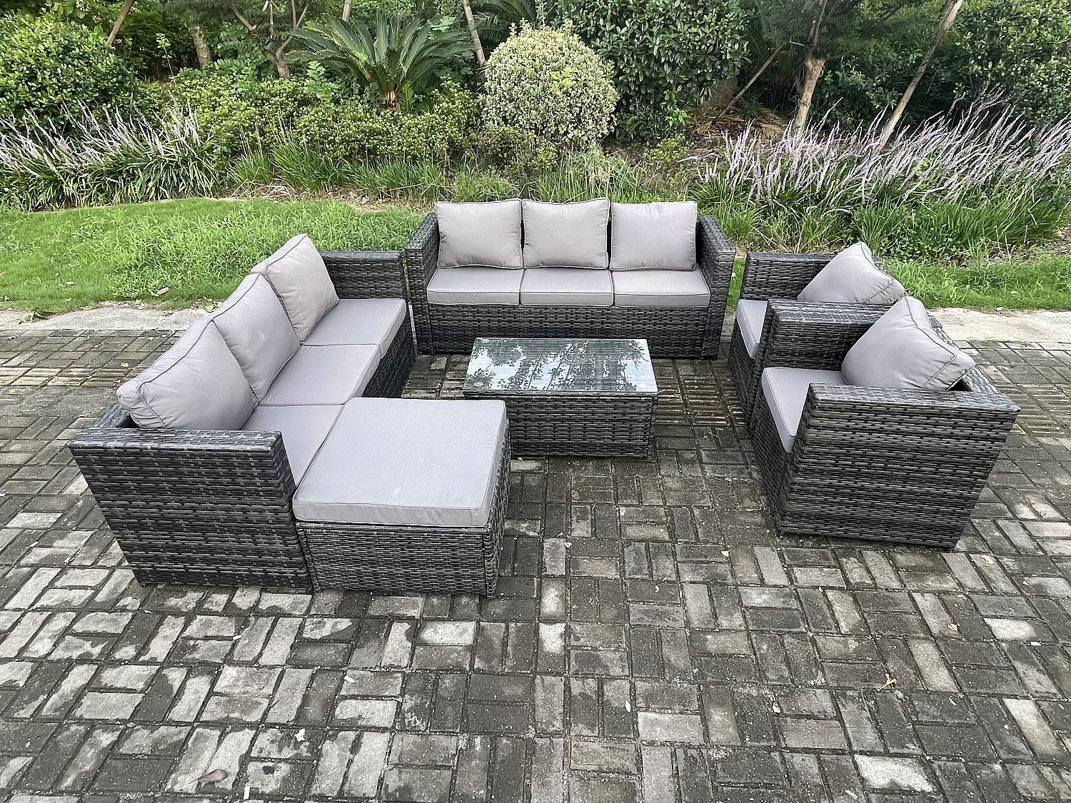 Fimous Outdoor Lounge Sofa Set Wicker PE Rattan Garden Furniture Set with 2 Armchair Oblong Coffee Table Big Footstool Dark Grey Mixed