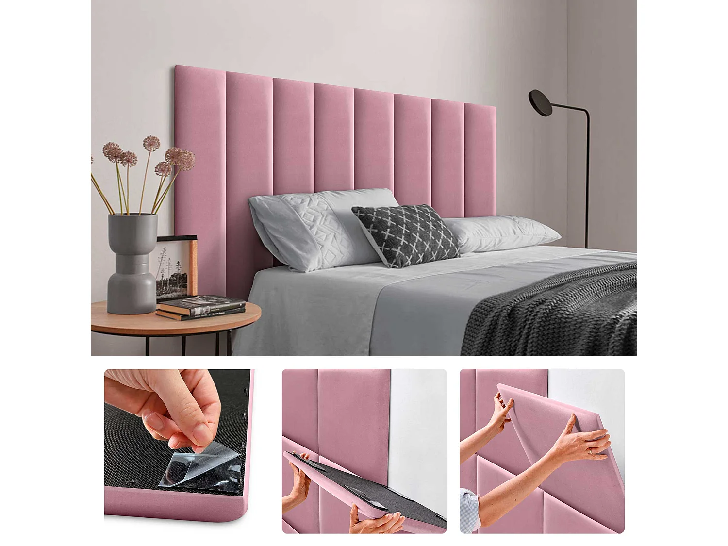 DHOME Gepolsterte Premium-Samt-Selbstklebepaneele für Wände Akustisch, schallabsorbierend, stoßfest, Kopfteil (Rosa, 60x20cm)