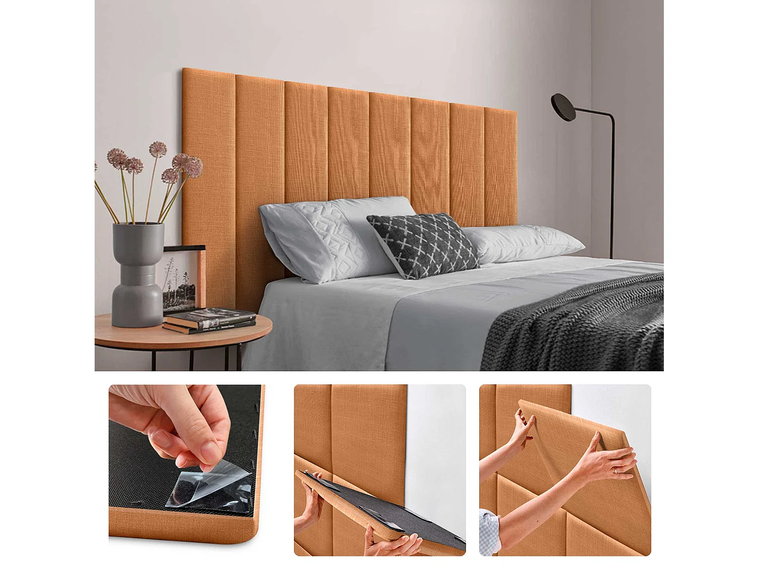 DHOME Panneaux Tapissés en Lin Autoadhésifs pour Mur Acoustiques Absorbants Protection Contre les Impacts Têtes de Lit Décoration (Orange, 60x20cm)