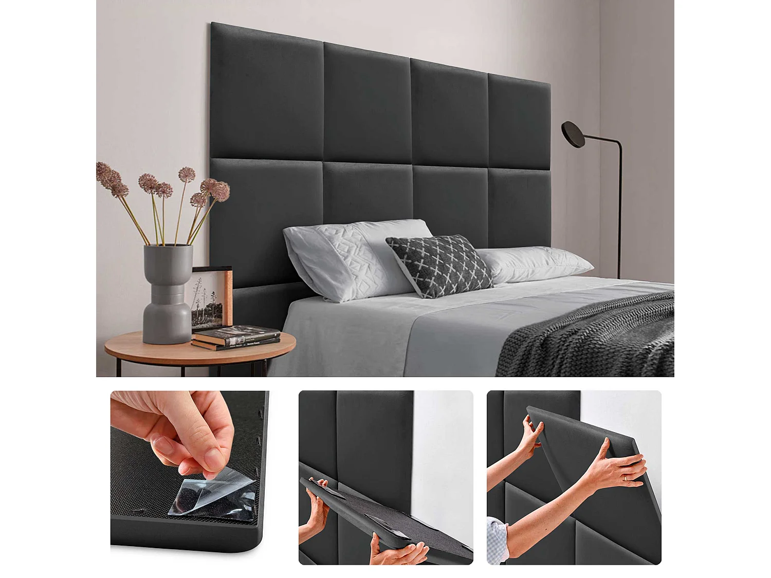 DHOME Panneaux Rembourrés en Velours Premium Autoadhésifs pour Mur Acoustique Absorbant Protection Contre les Chocs, Tete de lit (Gris Foncé, 50x50cm)