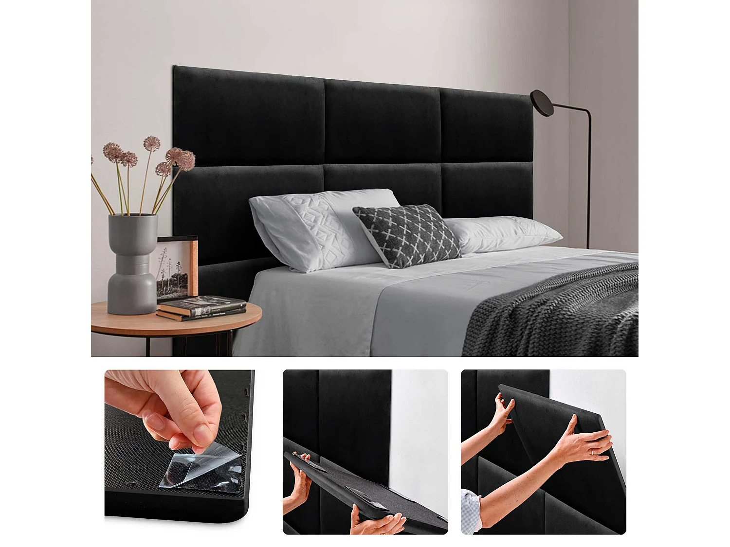 DHOME Panneaux Rembourrés en Velours Premium Autoadhésifs pour Mur Acoustique Absorbant Protection Contre les Chocs, Tete de lit (Noir, 50x30cm)