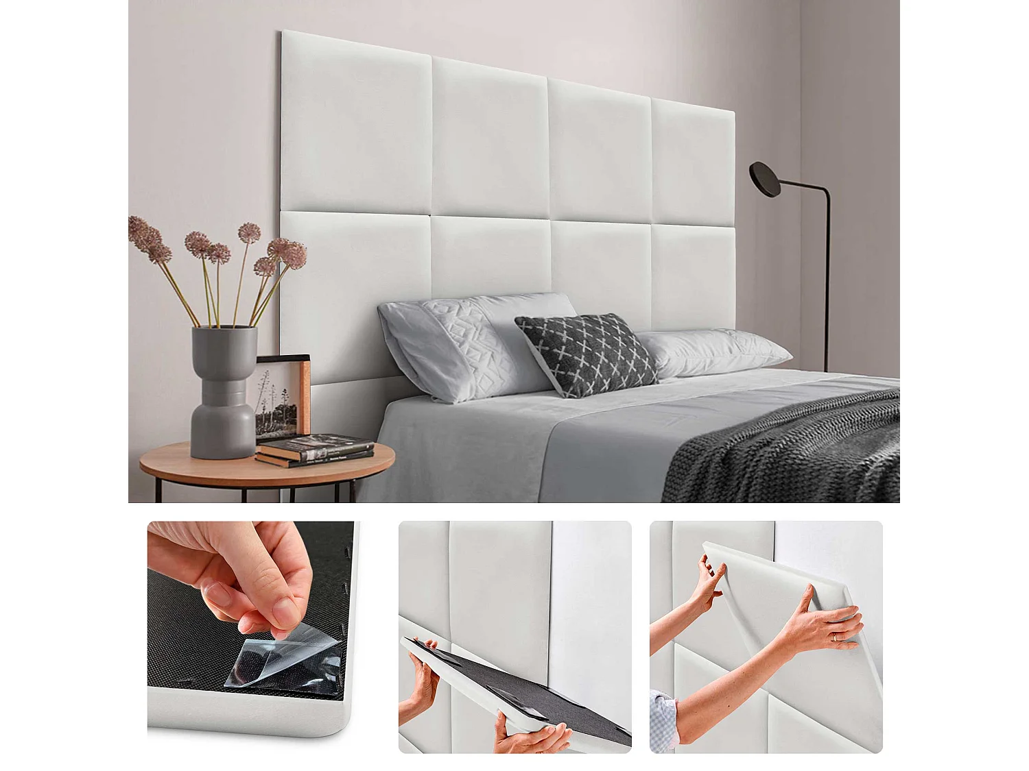 DHOME Panneaux Rembourrés en Velours Premium Autoadhésifs pour Mur Acoustique Absorbant Protection Contre les Chocs, Tete de lit (blanc, 50x50cm)