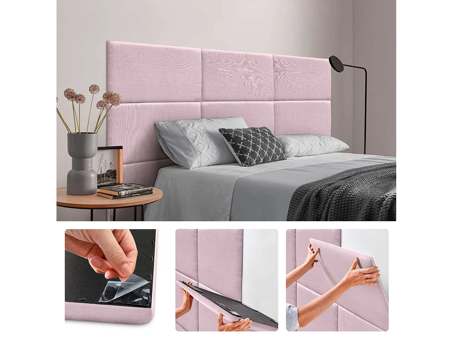 DHOME Panneaux Tapissés en Lin Autoadhésifs pour Mur Acoustiques Absorbants Protection Contre les Impacts Têtes de Lit Décoration (Rose Pâle, 60x50cm)