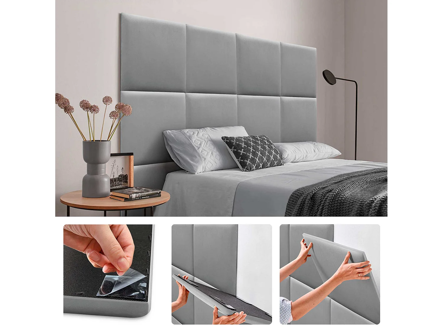 DHOME Panneaux Rembourrés en Velours Premium Autoadhésifs pour Mur Acoustique Absorbant Protection Contre les Chocs, Tete de lit (Gris Clair, 60x60cm)