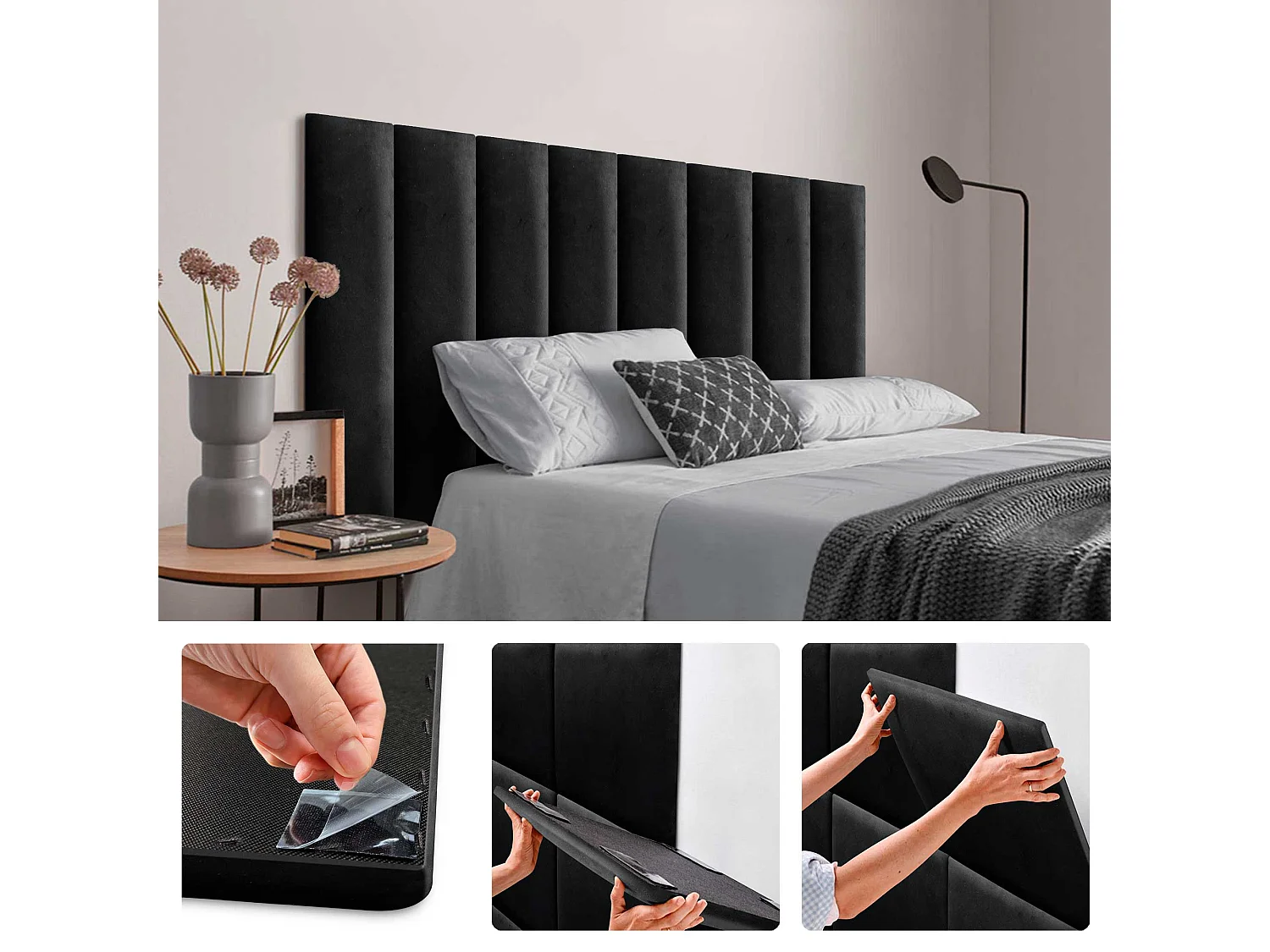 DHOME Panneaux Rembourrés en Velours Premium Autoadhésifs pour Mur Acoustique Absorbant Protection Contre les Chocs, Tete de lit (Noir, 60x20cm)