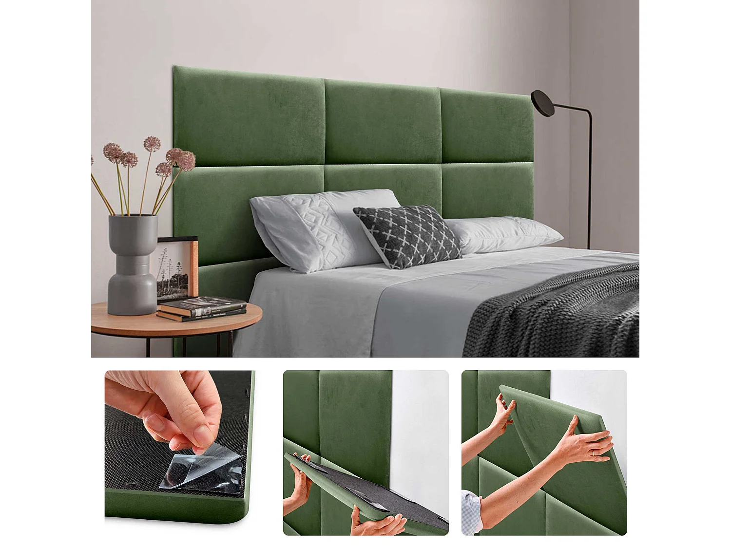 DHOME Panneaux Rembourrés en Velours Premium Autoadhésifs pour Mur Acoustique Absorbant Protection Contre les Chocs, Tete de lit (Vert Forêt, 60x40cm)