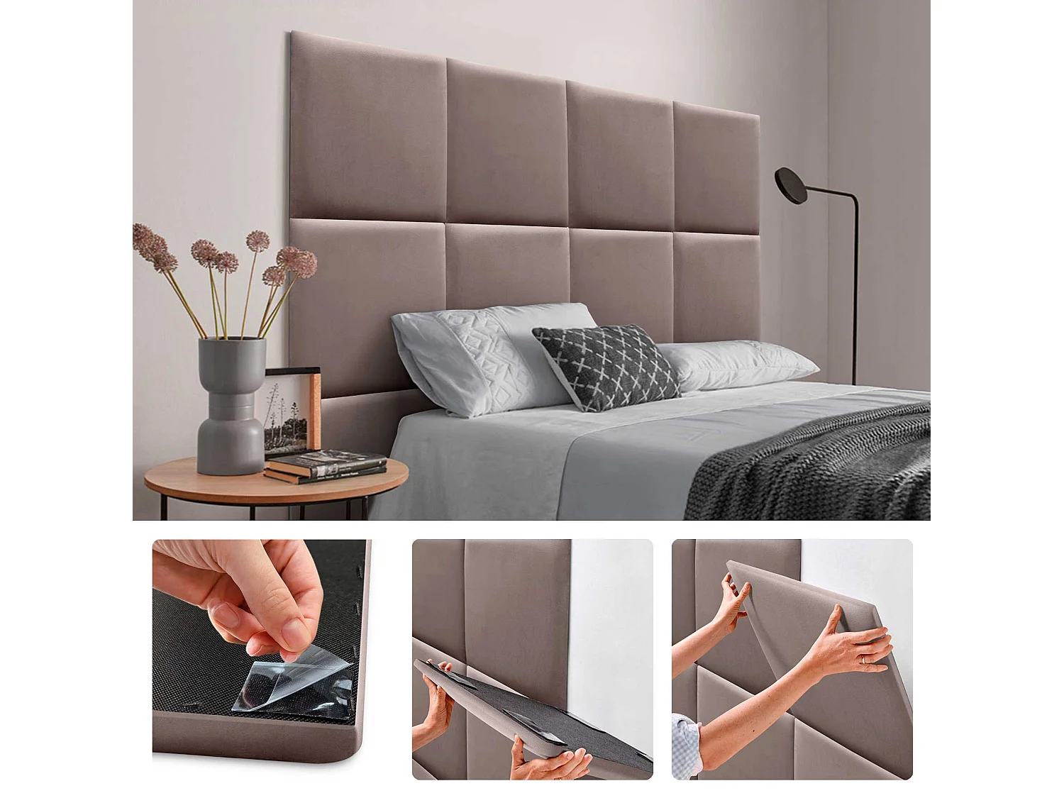 DHOME Panneaux Rembourrés en Velours Premium Autoadhésifs pour Mur Acoustique Absorbant Protection Contre les Chocs, Tete de lit (Marron, 60x60cm)