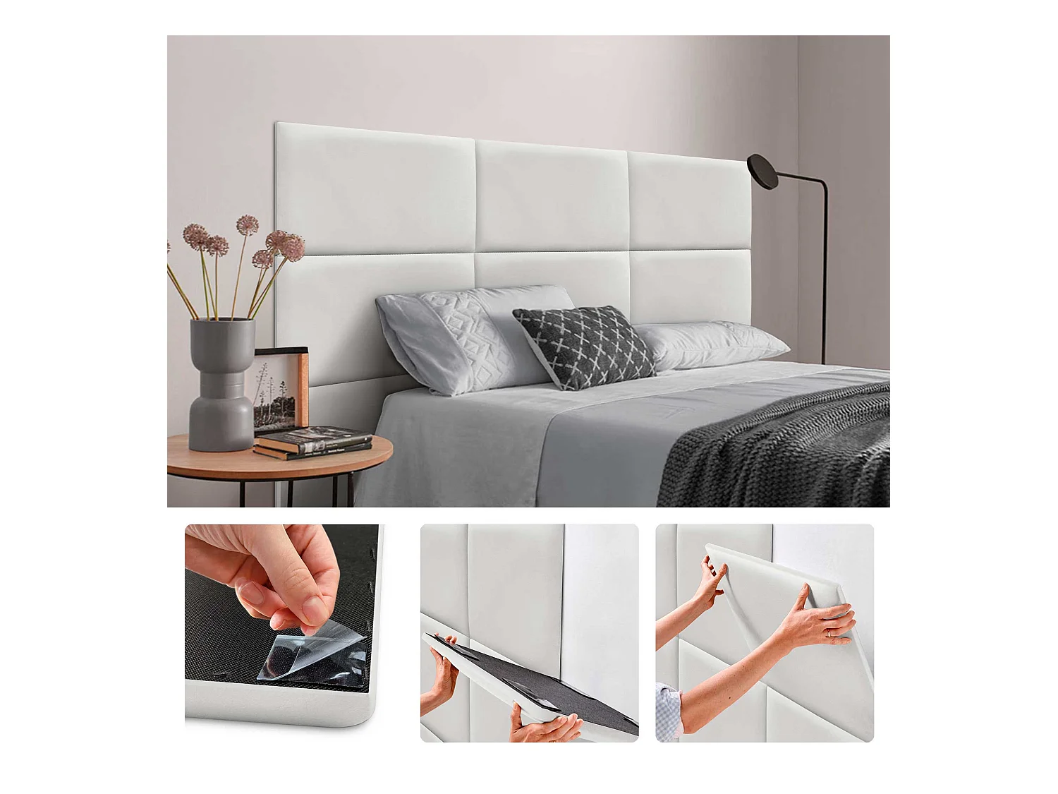 DHOME Panneaux Rembourrés en Velours Premium Autoadhésifs pour Mur Acoustique Absorbant Protection Contre les Chocs, Tete de lit (blanc, 50x30cm)