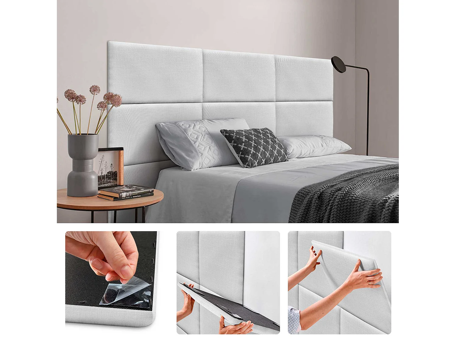 DHOME Panneaux Tapissés en Lin Autoadhésifs pour Mur Acoustiques Absorbants Protection Contre les Impacts Têtes de Lit Décoration (Blanc, 60x50cm)