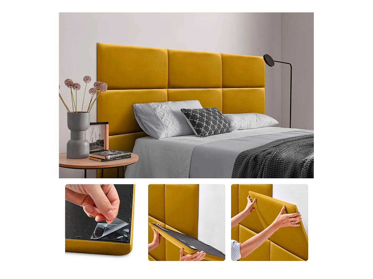 DHOME Panneaux Rembourrés en Velours Premium Autoadhésifs pour Mur Acoustique Absorbant Protection Contre les Chocs, Tete de lit (Moutarde, 50x40cm)