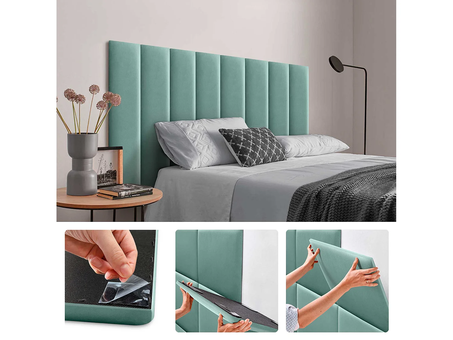 DHOME Panneaux Rembourrés en Velours Premium Autoadhésifs pour Mur Acoustique Absorbant Protection Contre les Chocs, Tete de lit (Turquoise, 60x30cm)