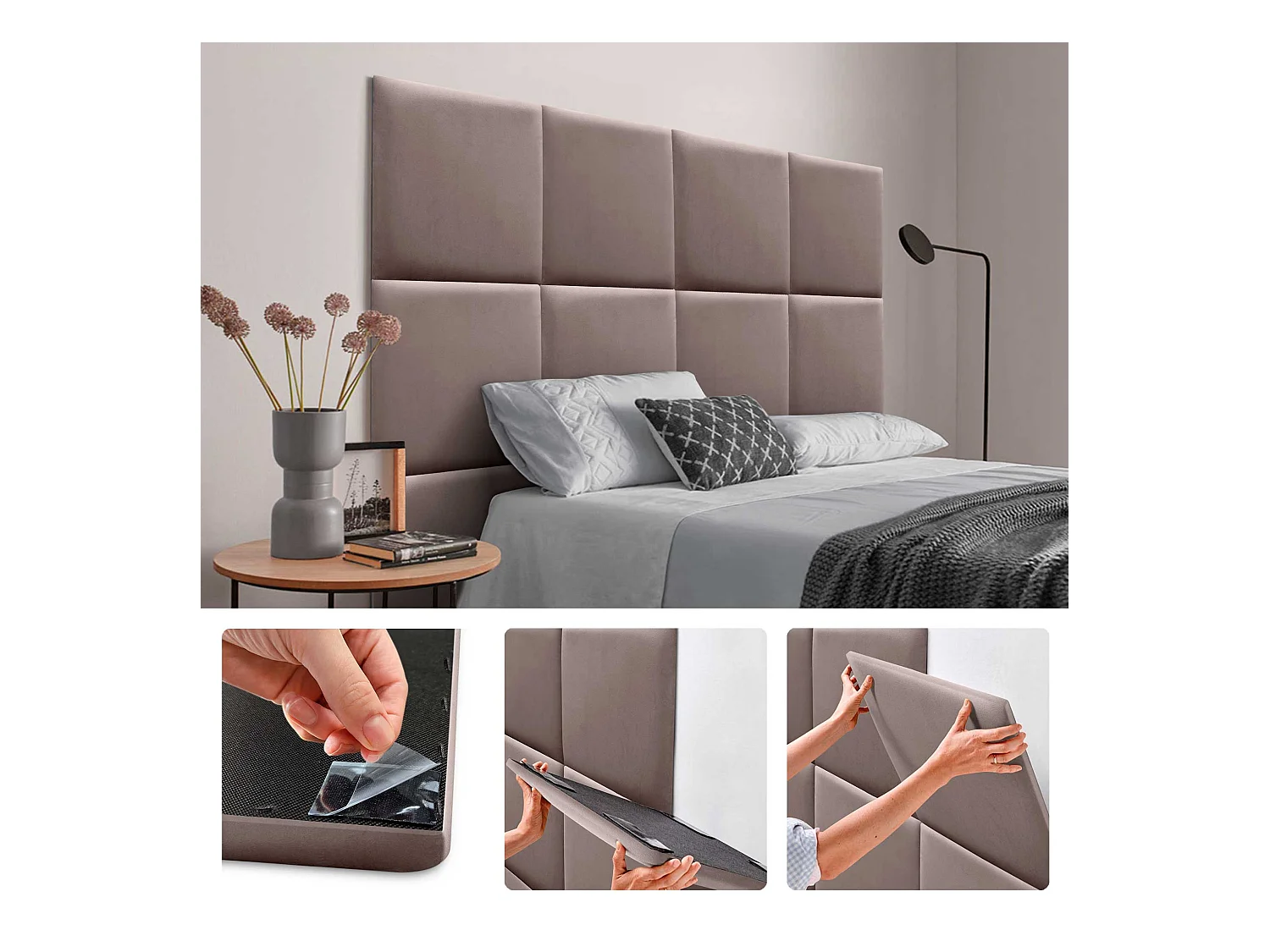 DHOME Panneaux Rembourrés en Velours Premium Autoadhésifs pour Mur Acoustique Absorbant Protection Contre les Chocs, Tete de lit (Marron, 50x50cm)