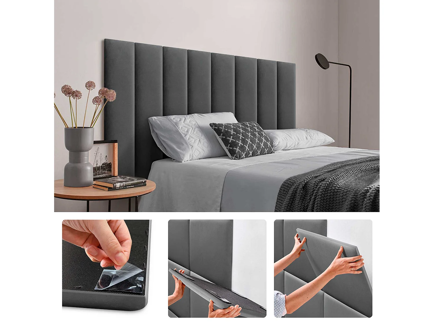 DHOME Panneaux Rembourrés en Velours Premium Autoadhésifs pour Mur Acoustique Absorbant Protection Contre les Chocs, Tete de lit (Gris, 60x20cm)