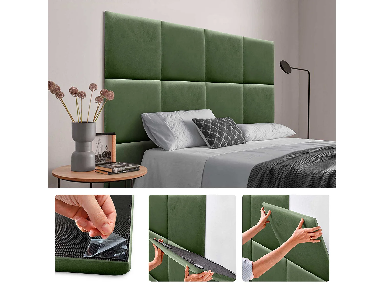 DHOME Panneaux Rembourrés en Velours Premium Autoadhésifs pour Mur Acoustique Absorbant Protection Contre les Chocs, Tete de lit (Vert Forêt, 50x50cm)