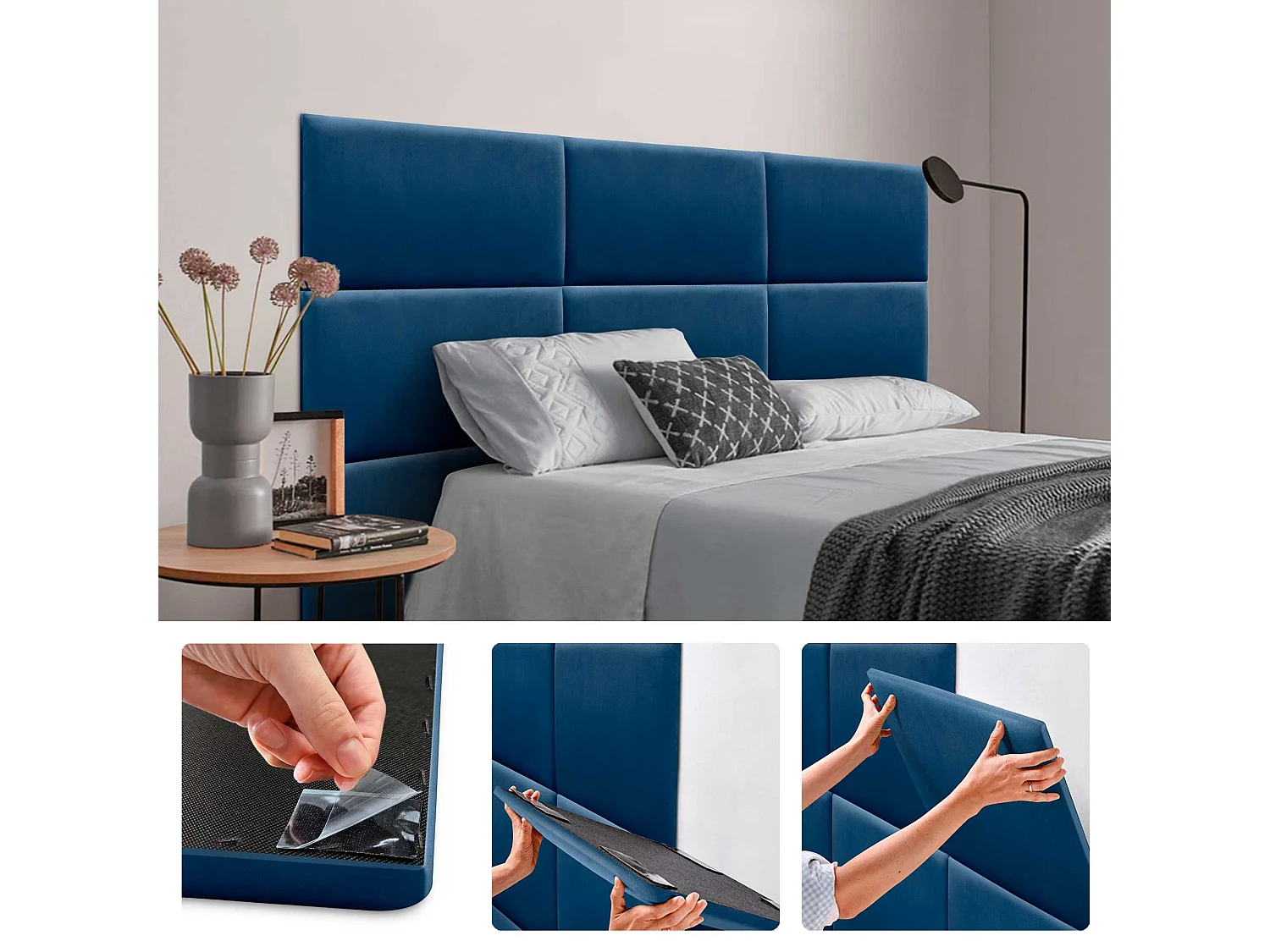 DHOME Gepolsterte Premium-Samt-Selbstklebepaneele für Wände Akustisch, schallabsorbierend, stoßfest, Kopfteil (Blau, 50x30cm)