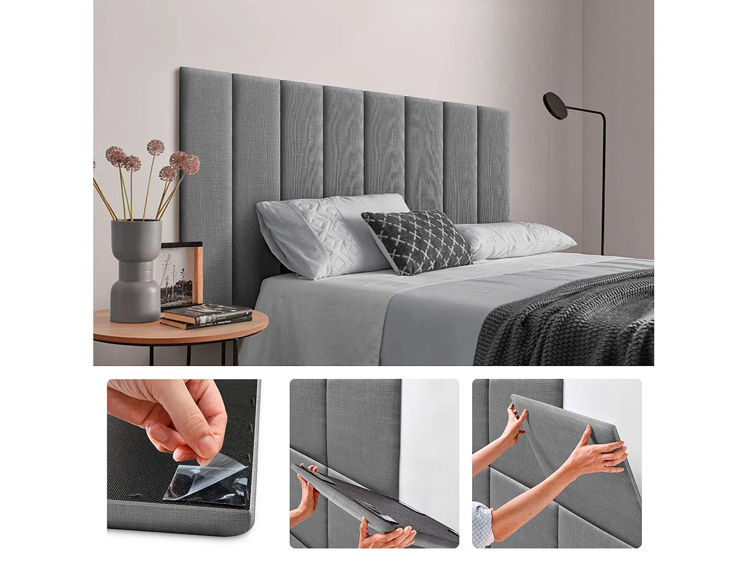 DHOME Panneaux Tapissés en Lin Autoadhésifs pour Mur Acoustiques Absorbants Protection Contre les Impacts Têtes de Lit (Gris Foncé, 60x20cm)