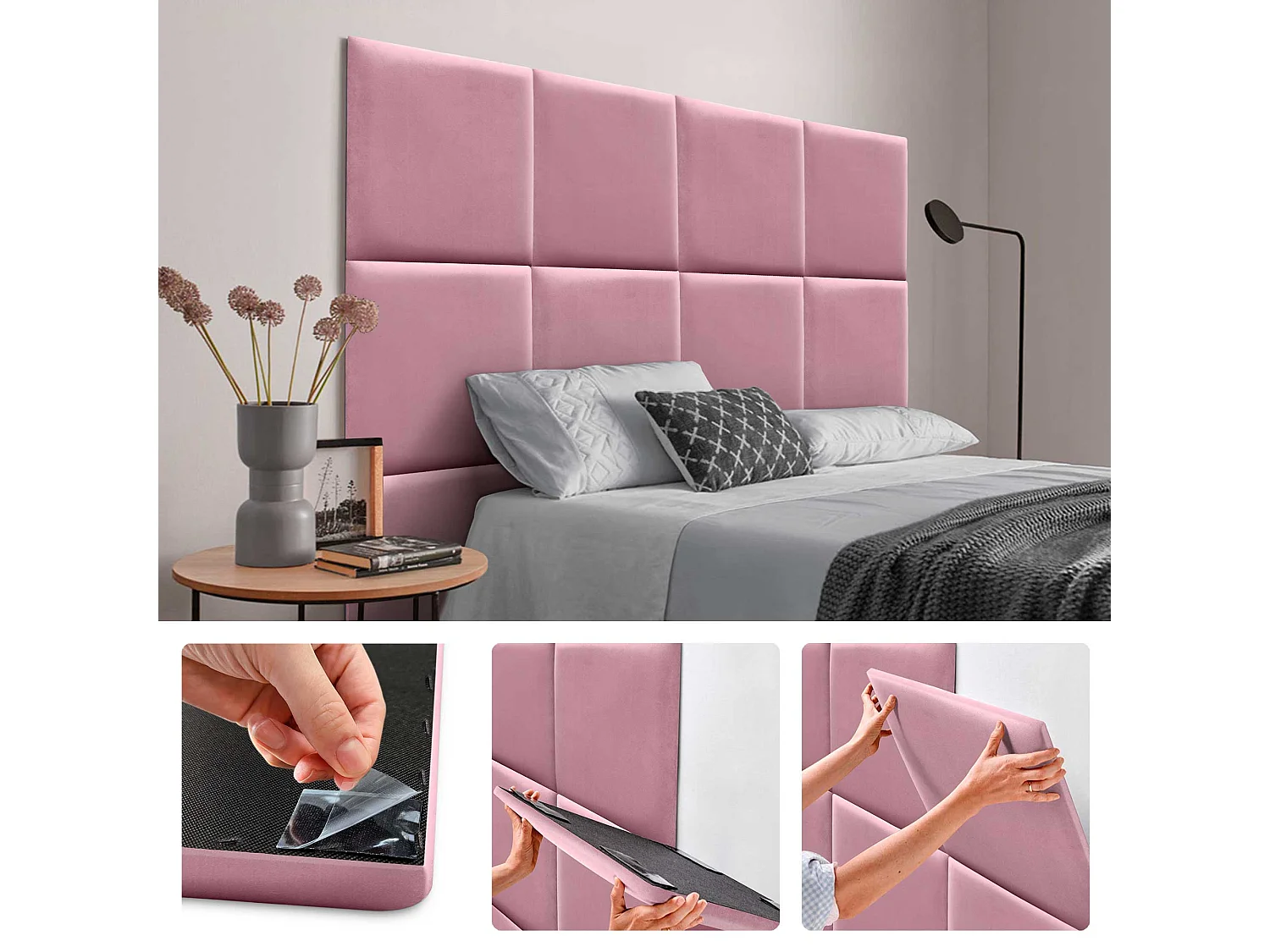 DHOME Paneles Tapizados de Terciopelo Premium Autoadhesivos para Pared Acústicos Absorbentes Protección Impactos Cabeceros (Rosa, 60x60cm)