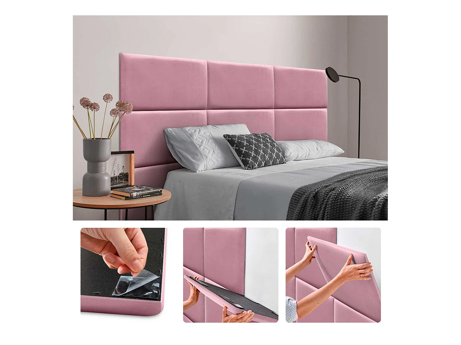 DHOME Panneaux Rembourrés en Velours Premium Autoadhésifs pour Mur Acoustique Absorbant Protection Contre les Chocs, Tete de lit (Rose, 50x40cm)
