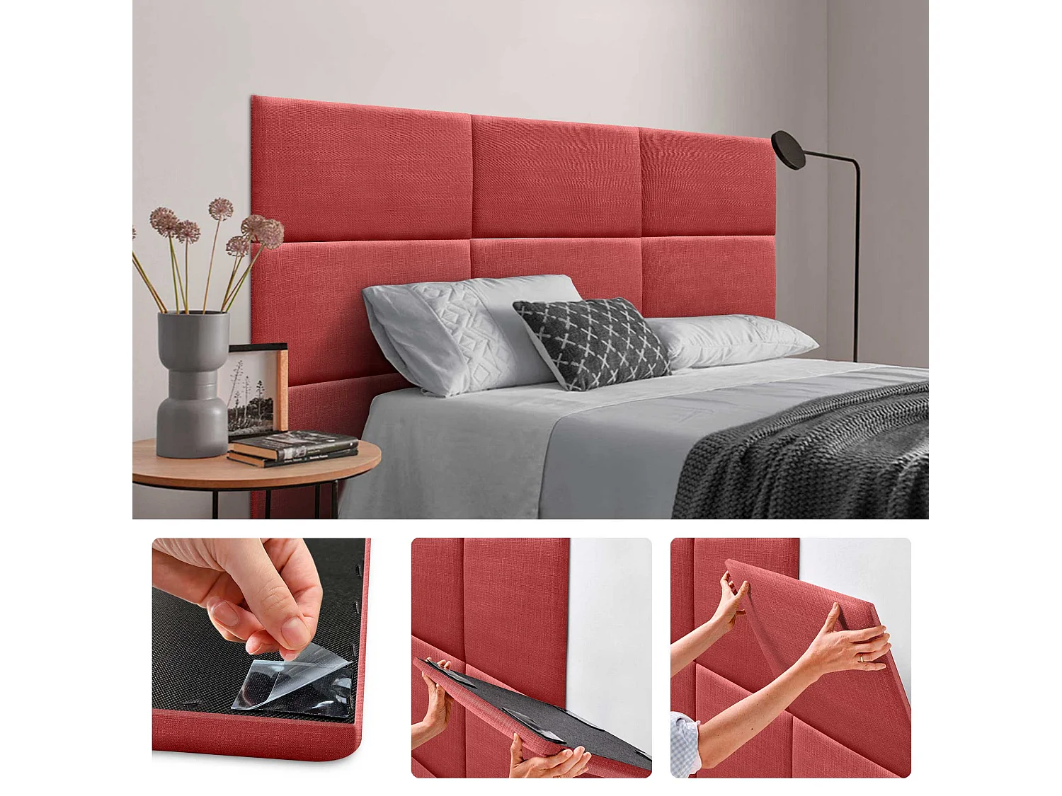 DHOME Panneaux Tapissés en Lin Autoadhésifs pour Mur Acoustiques Absorbants Protection Contre les Impacts Têtes de Lit Décoration (Rouge, 50x30cm)