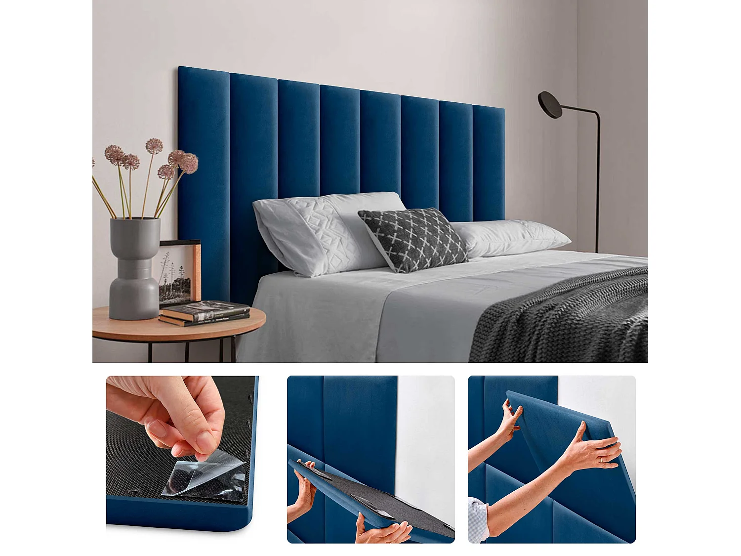 DHOME Premium Fluwelen Beklede Panelen Zelfklevend voor Muren Geluidsabsorberend Akoestisch Stootbescherming Hoofdbord (Blauw, 60x20cm)