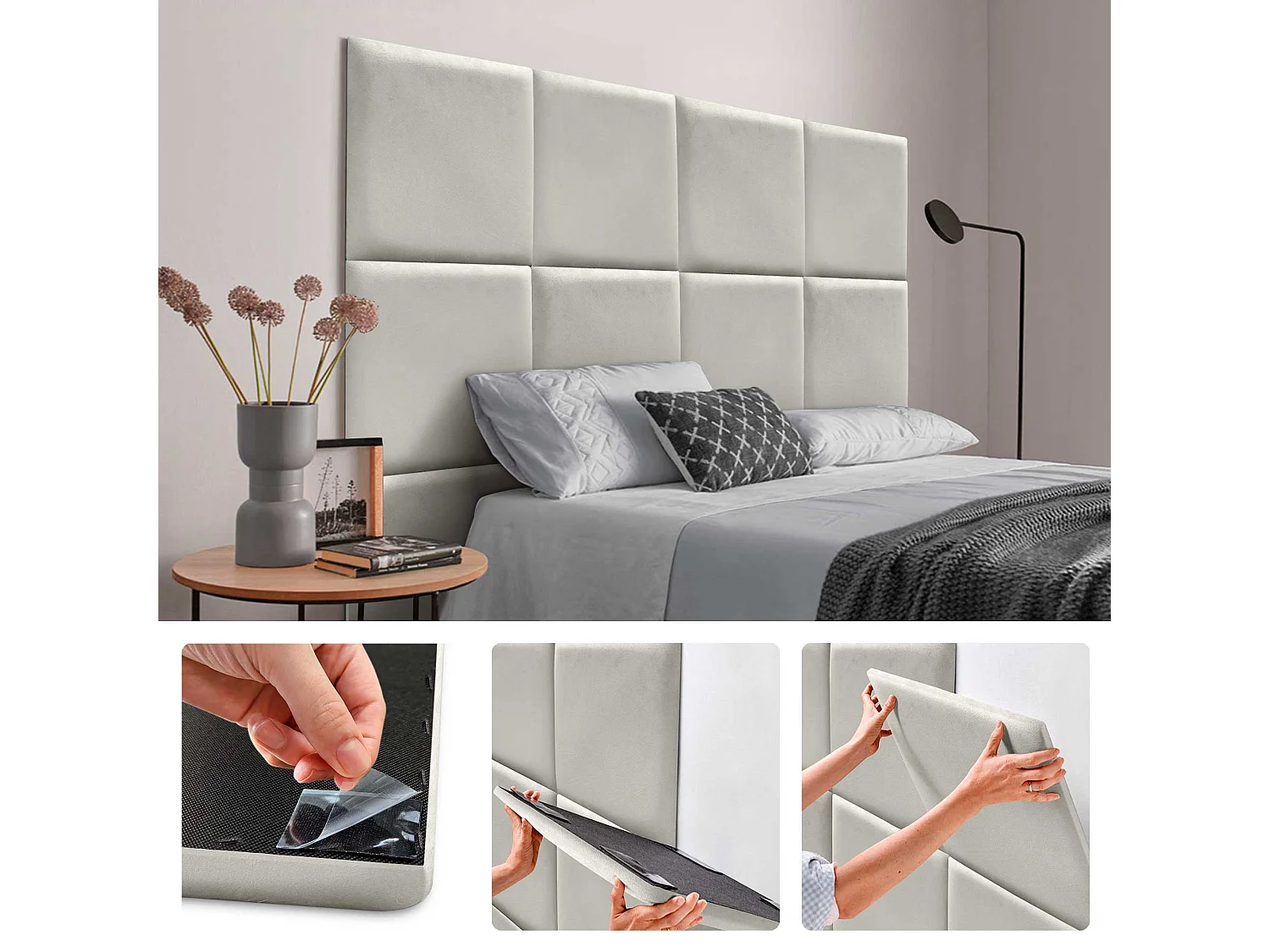 DHOME Panneaux Rembourrés en Velours Premium Autoadhésifs pour Mur Acoustique Absorbant Protection Contre les Chocs, Tete de lit (beige, 50x50cm)