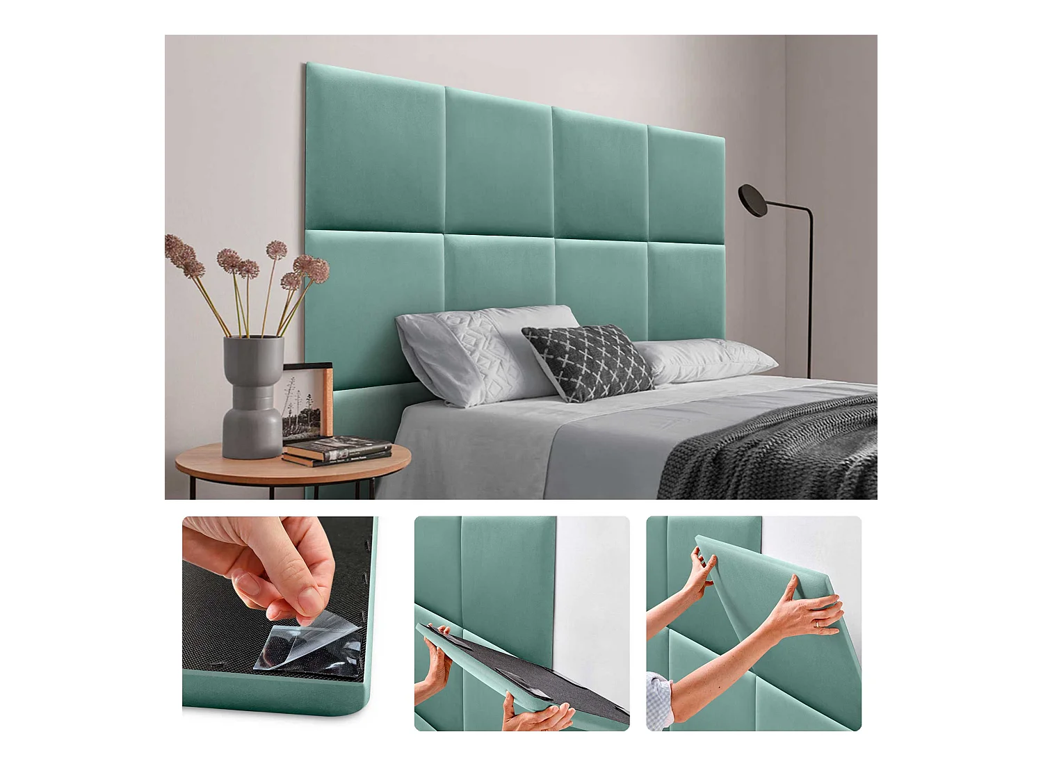 DHOME Panneaux Rembourrés en Velours Premium Autoadhésifs pour Mur Acoustique Absorbant Protection Contre les Chocs, Tete de lit (Turquoise, 50x50cm)