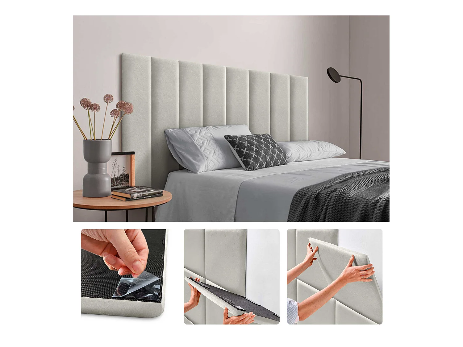 DHOME Panneaux Rembourrés en Velours Premium Autoadhésifs pour Mur Acoustique Absorbant Protection Contre les Chocs, Tete de lit (beige, 60x20cm)