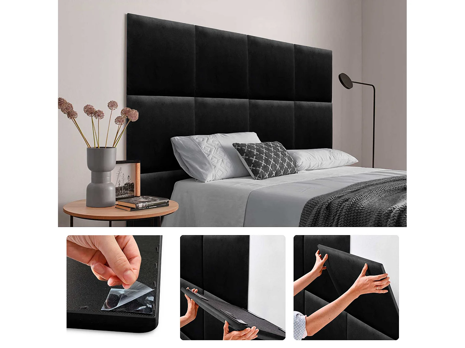 DHOME Panneaux Rembourrés en Velours Premium Autoadhésifs pour Mur Acoustique Absorbant Protection Contre les Chocs, Tete de lit (Noir, 50x50cm)