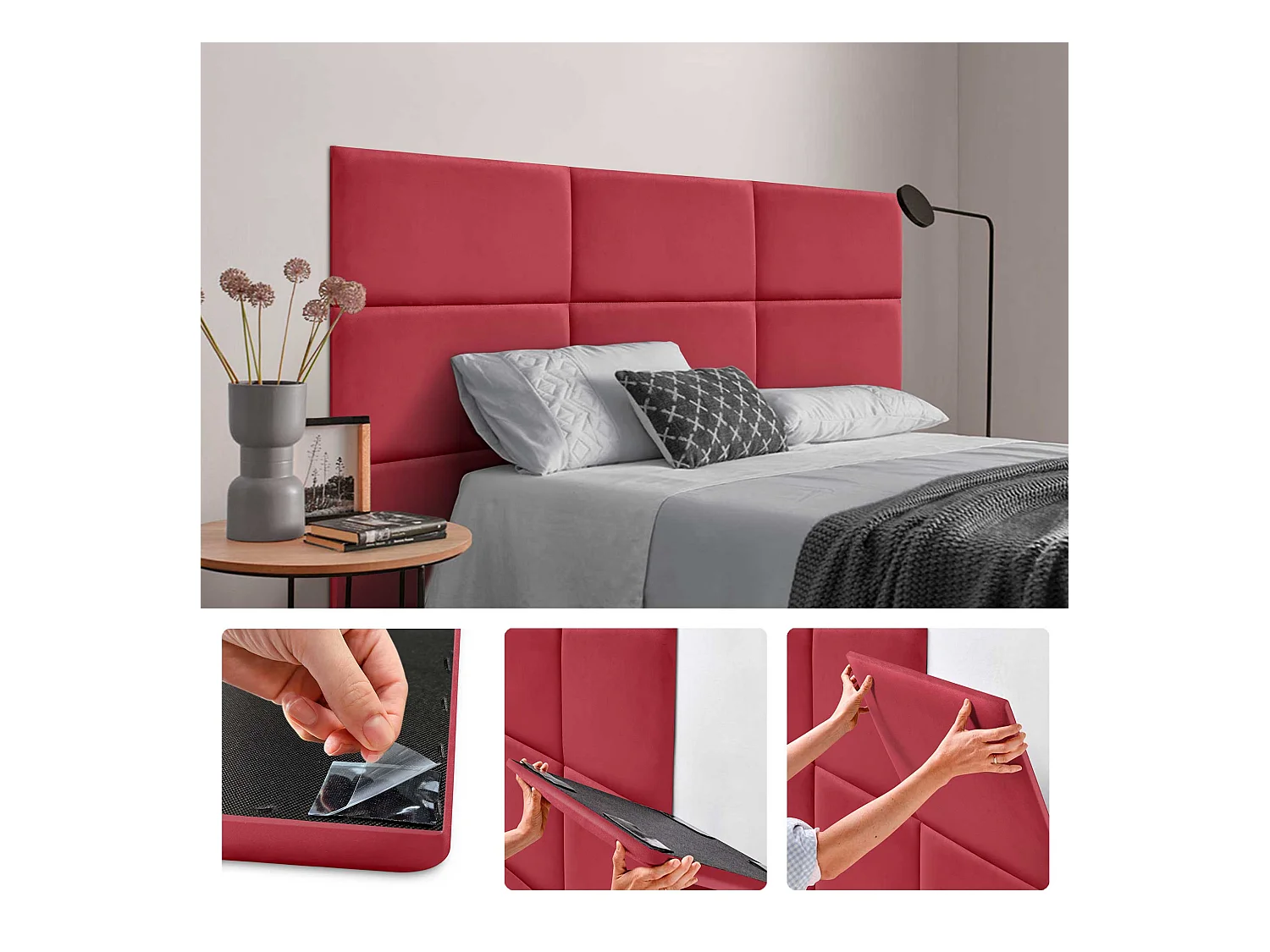 DHOME Panneaux Rembourrés en Velours Premium Autoadhésifs pour Mur Acoustique Absorbant Protection Contre les Chocs, Tete de lit (Rouge, 50x30cm)