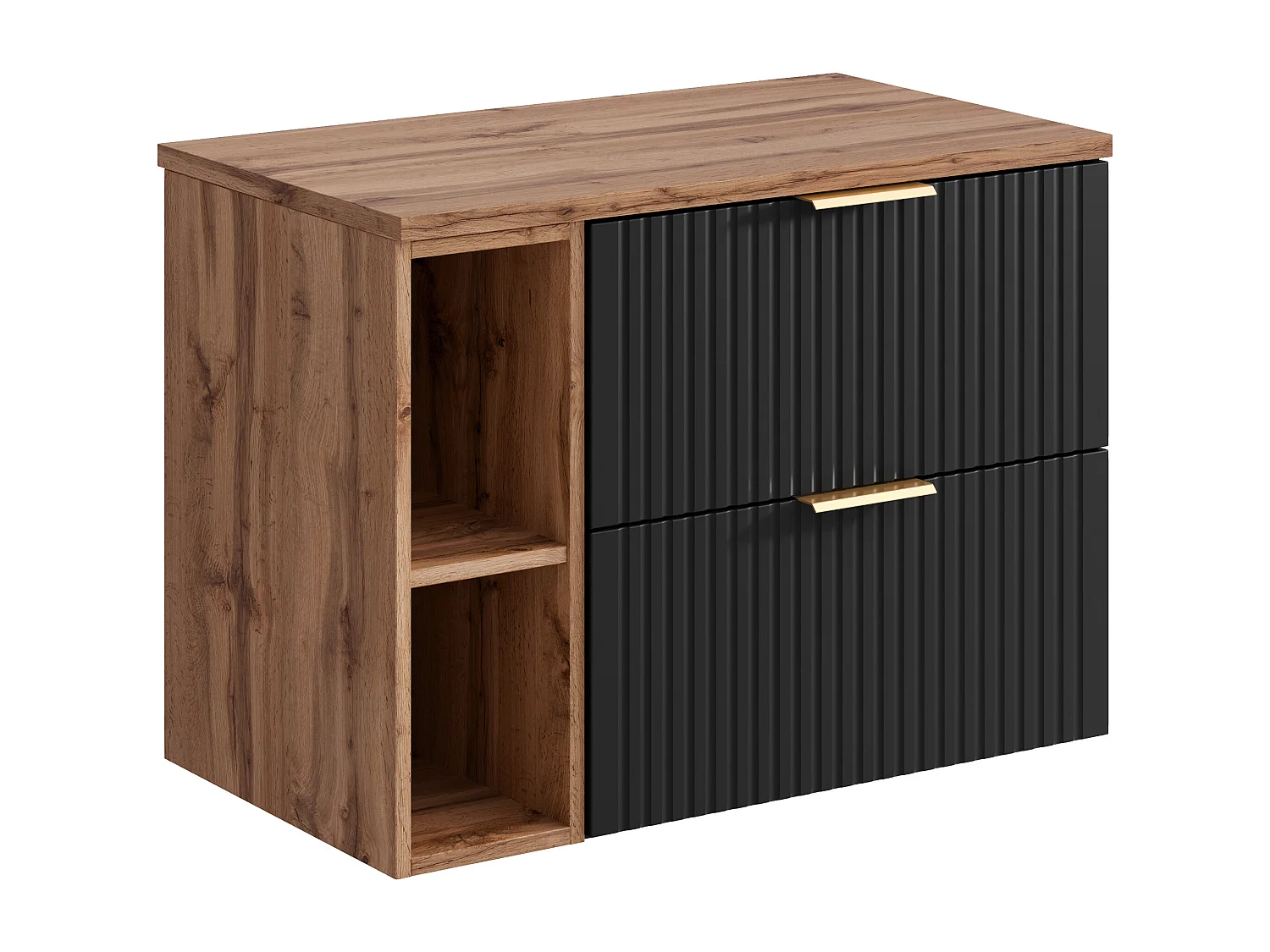 Meuble sous vasque suspendu strié avec niches - Noir et naturel clair - L80 cm - ZEVARA